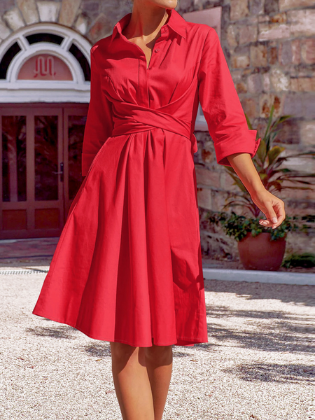 TEEK - Elegant Tie Pocketed Midi Dress Shirt A-line Dress DRESS TEEK W Red S 