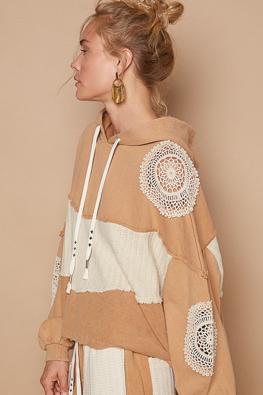 TEEK - Wheat Openwork Contrast Dropped Shoulder Hoodie TOPS TEEK Trend