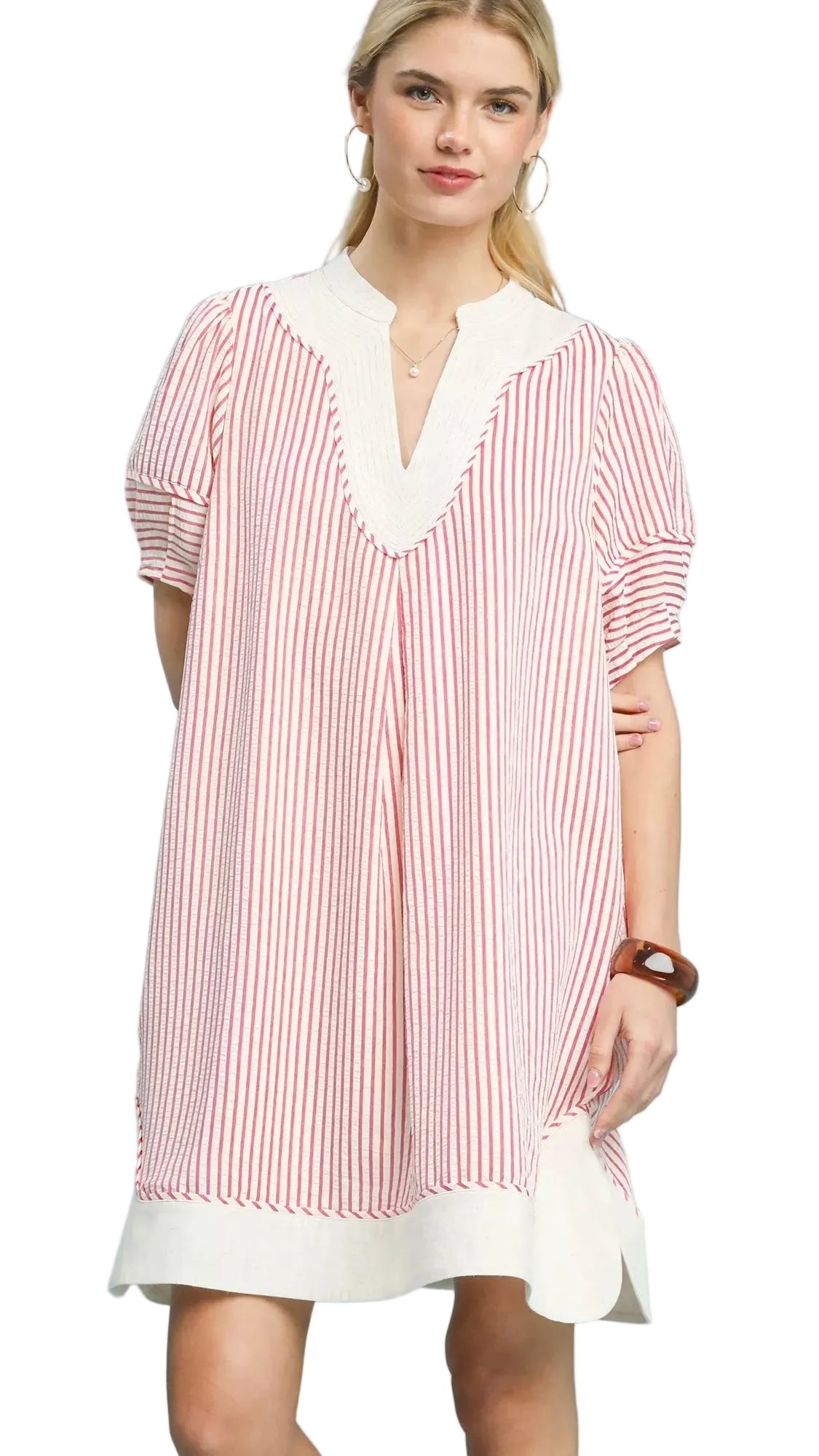 Umgee Pinstripe Shift Dress with Contrast Trim Trendsi PEONY S