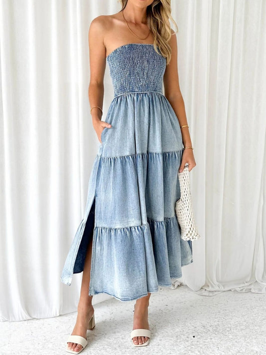 TEEK - Dusty Blue Slit Tube Tiered Denim Dress DRESS TEEK Trend S  