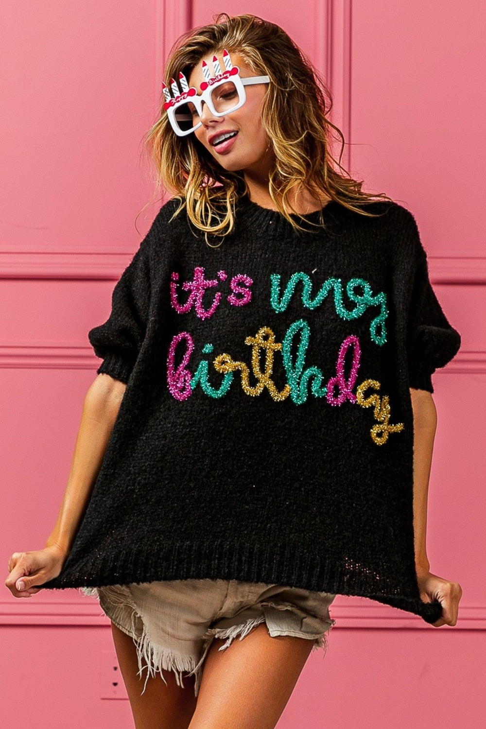 TEEK - Black Metallic Letter Puff Sleeve Hairy Birthday Sweater TOPS TEEK Trend   