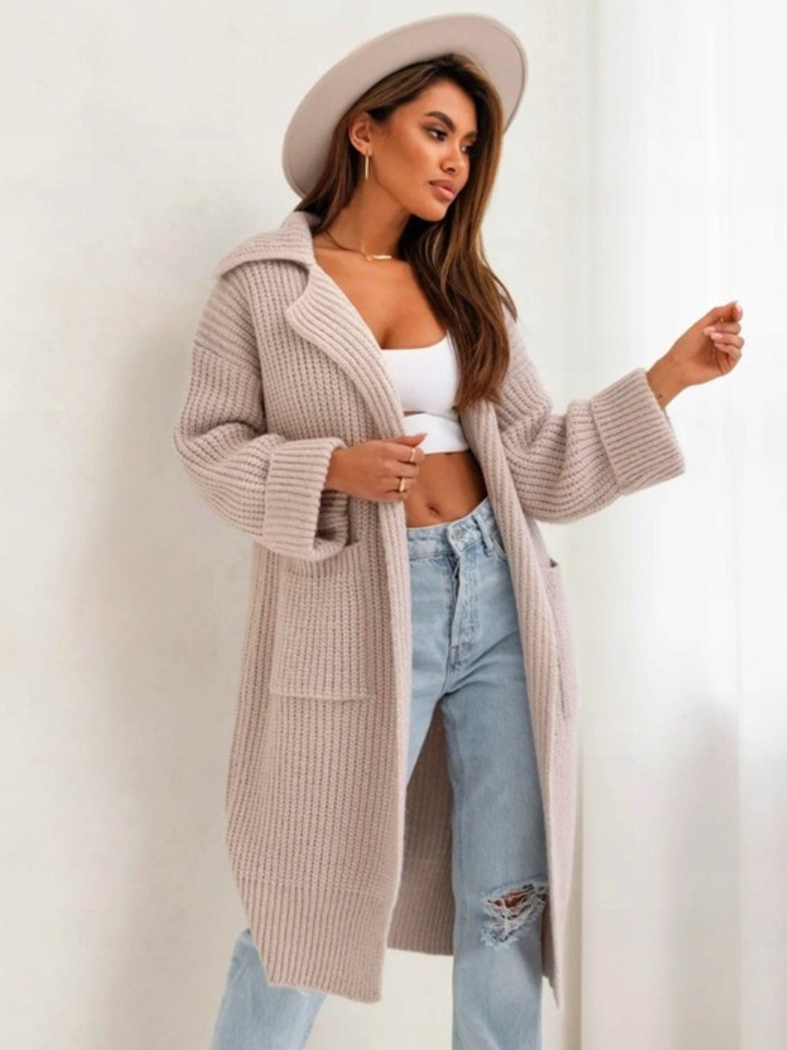 TEEK - Pocketed Collared Neck Dropped Shoulder Cardigan SWEATER TEEK Trend