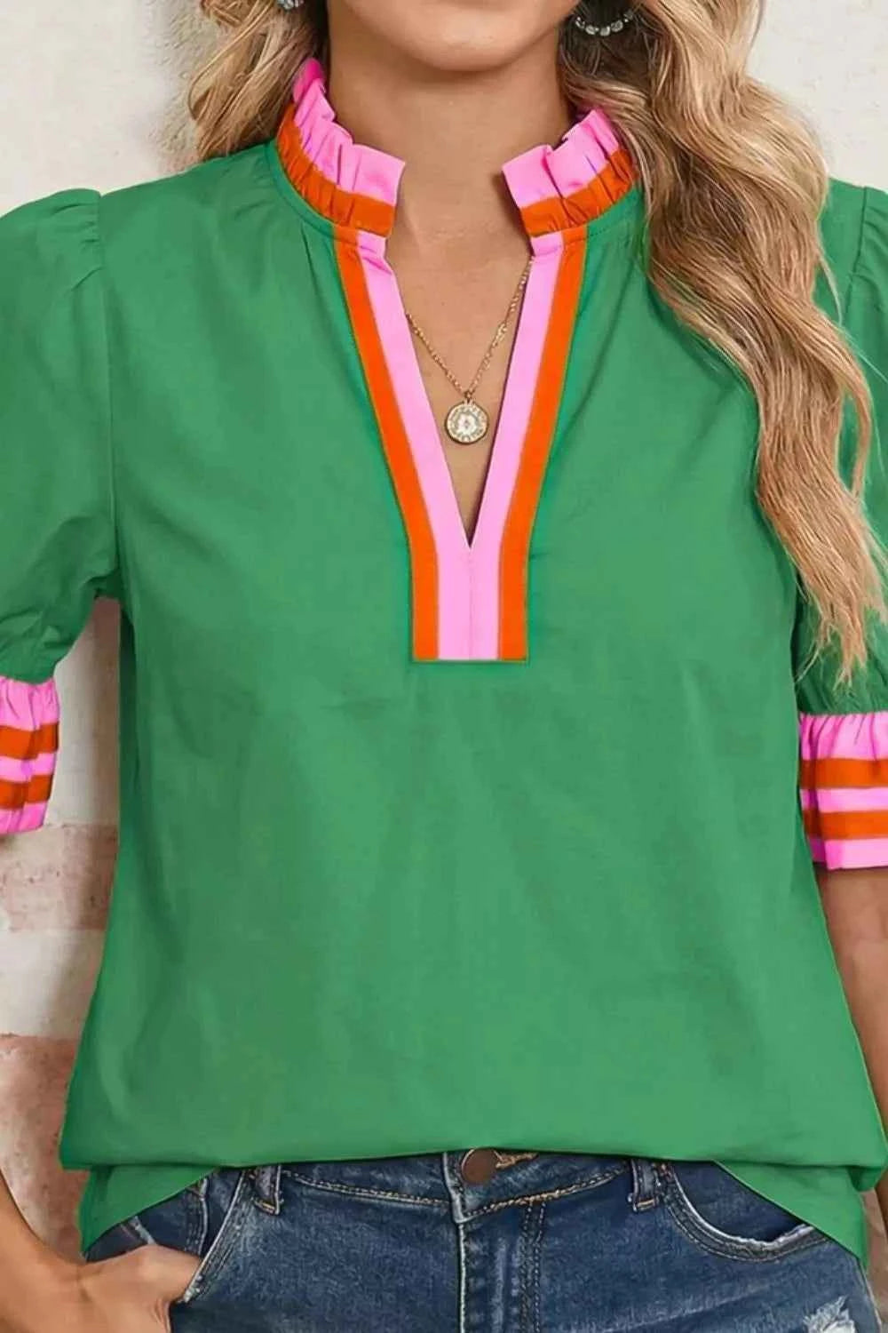 Ruffle Trim Notched Blouse Trendsi