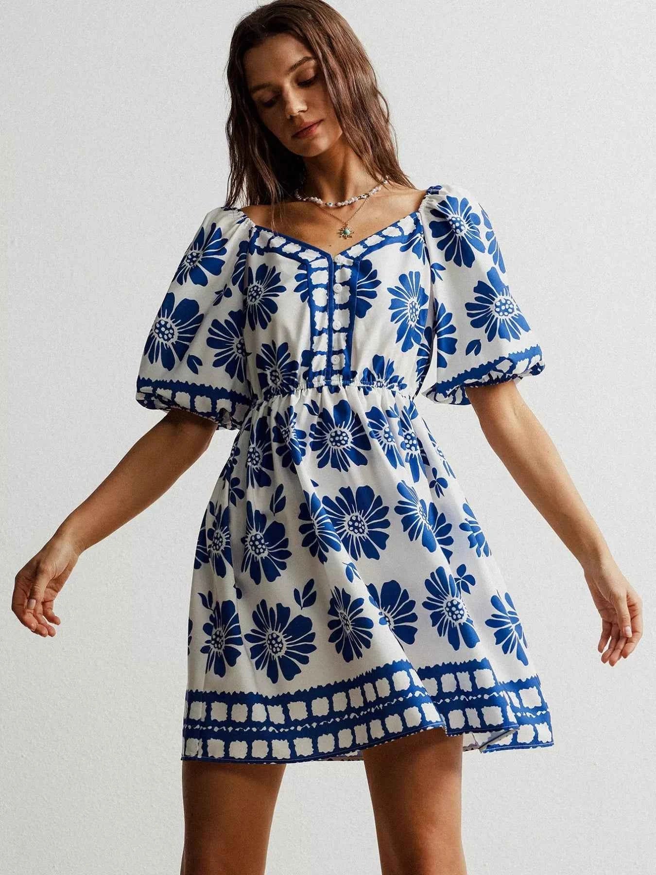Floral Print Puff Sleeve Mini Dress Trendsi