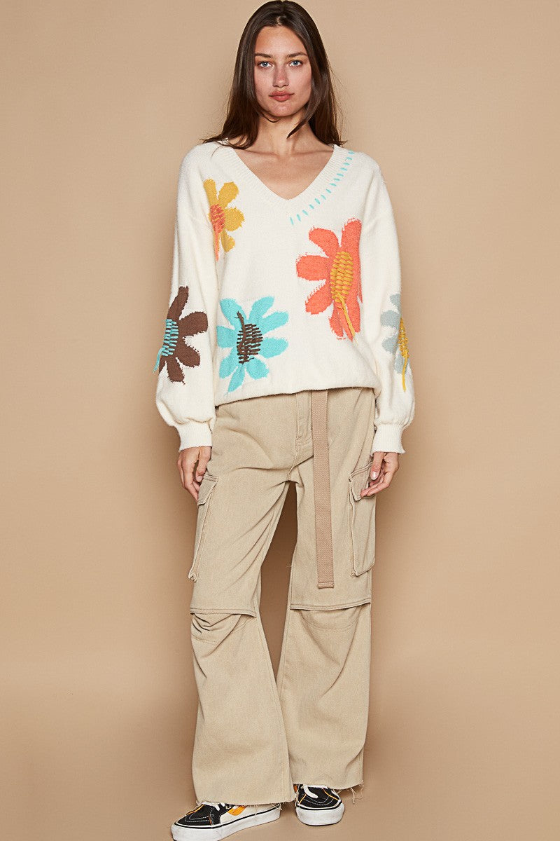 POL V-Neck Long Sleeve Flower Fringe Sweater TEEK Trend