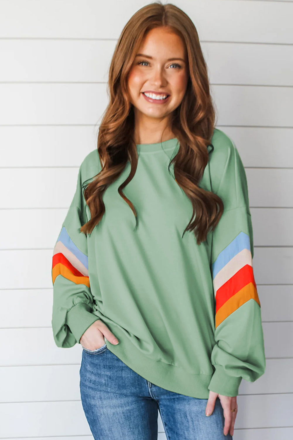 TEEK - Contrast Round Neck Long Sleeve Sweatshirt TOPS TEEK Trend