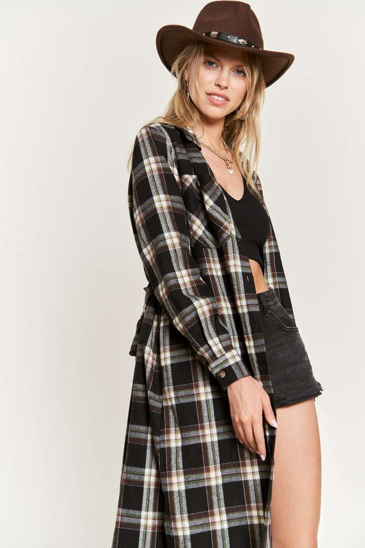 TEEK - PLUS SIZE  PLAID PRINT COLLAR LONG SHIRT DRESS DRESS TEEK FG BLACK 1X 