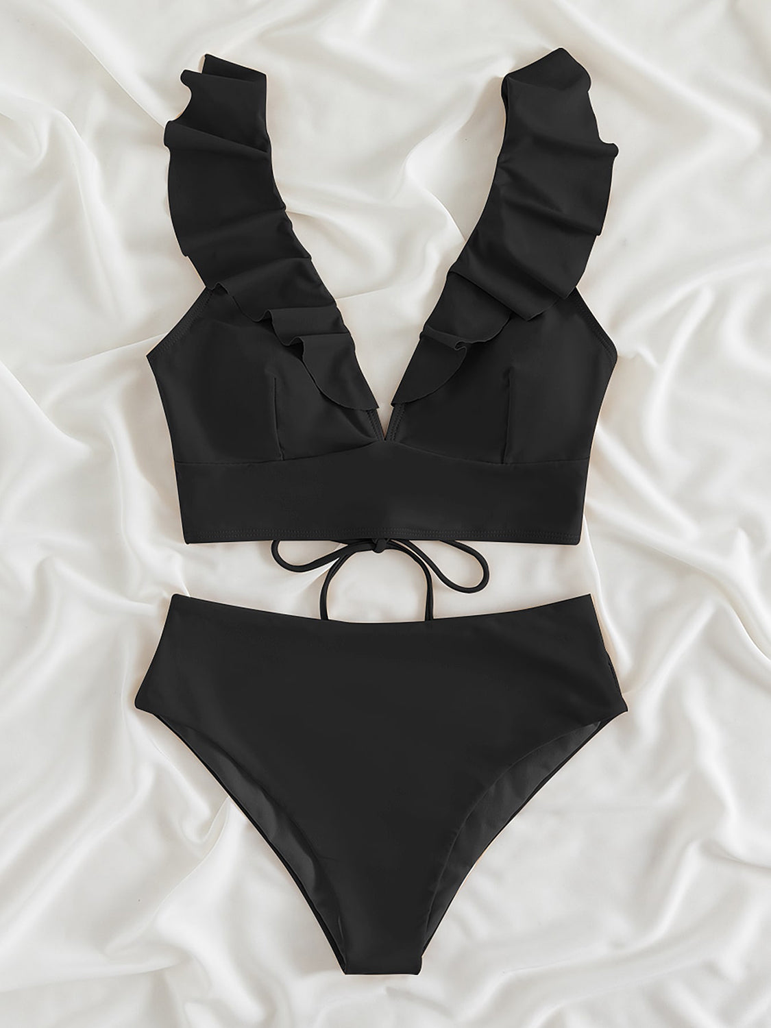 TEEK - Ruffled V-Neck Sleeveless Bikini SWIMWEAR TEEK Trend Black S 