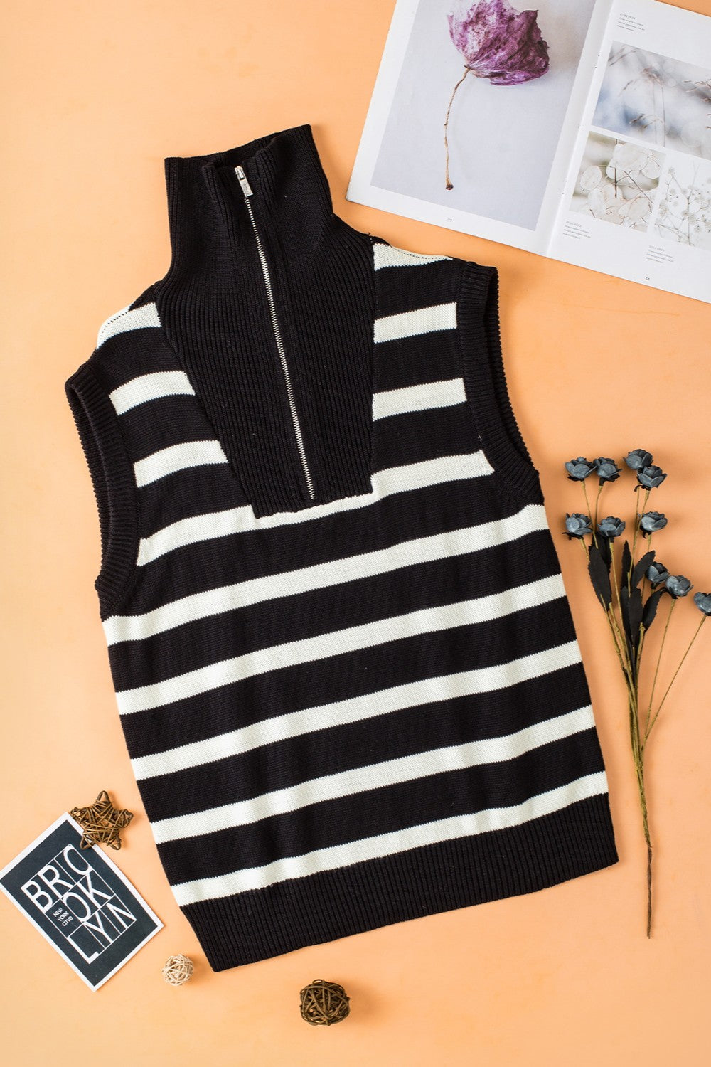 TEEK - Black White Striped Half Zip Sweater Vest TOPS TEEK Trend   