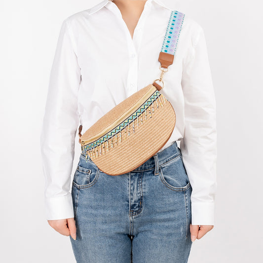 Bead Trim Straw Weave Crossbody Bag  Trendsi Tan One Size 