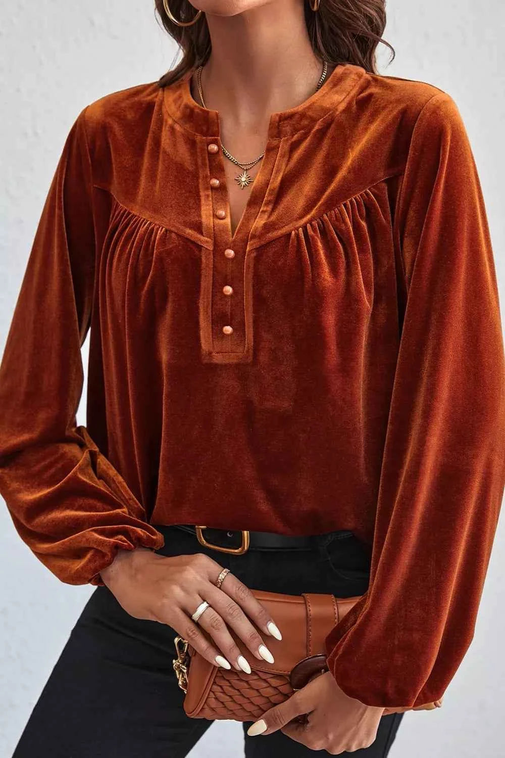 TEEK - Velvet Button-Front Long Sleeve Blouse TOPS TEEK Trend