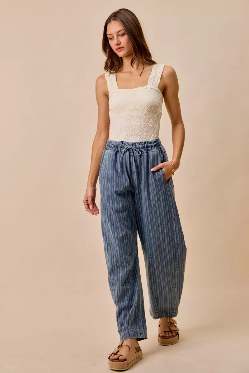 TEEK - Striped Denim Barrel Jeans Drawstring Waistband JEANS TEEK Trend