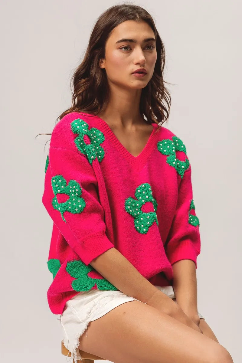 TEEK - Fuchsia Jade Pearl Beads Flowers Sweater Top TOPS TEEK Trend