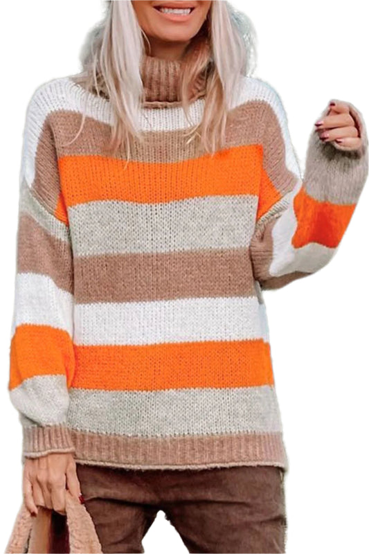 TEEK - Orange Beige Color Block Striped Turtleneck Sweater TOPS TEEK Trend S