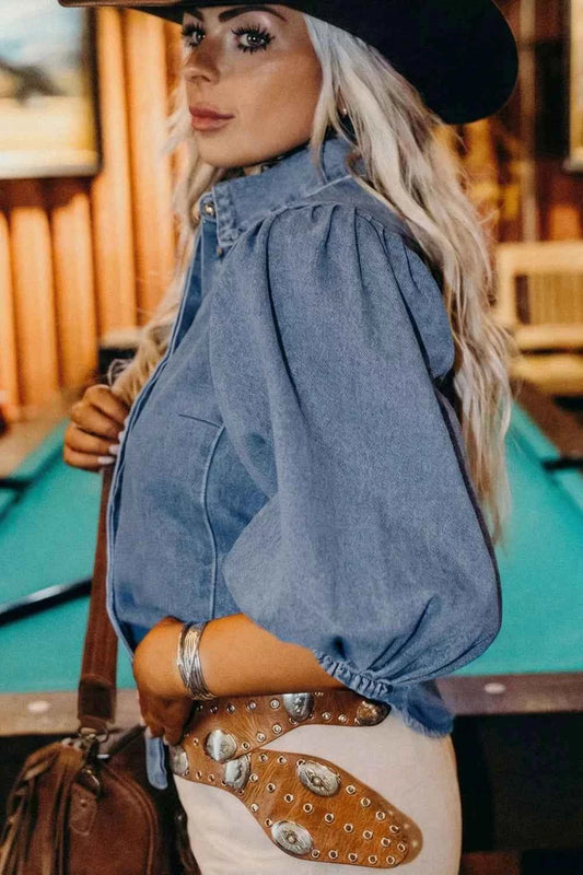 TEEK - Puff Half Sleeve Collared Denim Shirt TOPS TEEK Trend