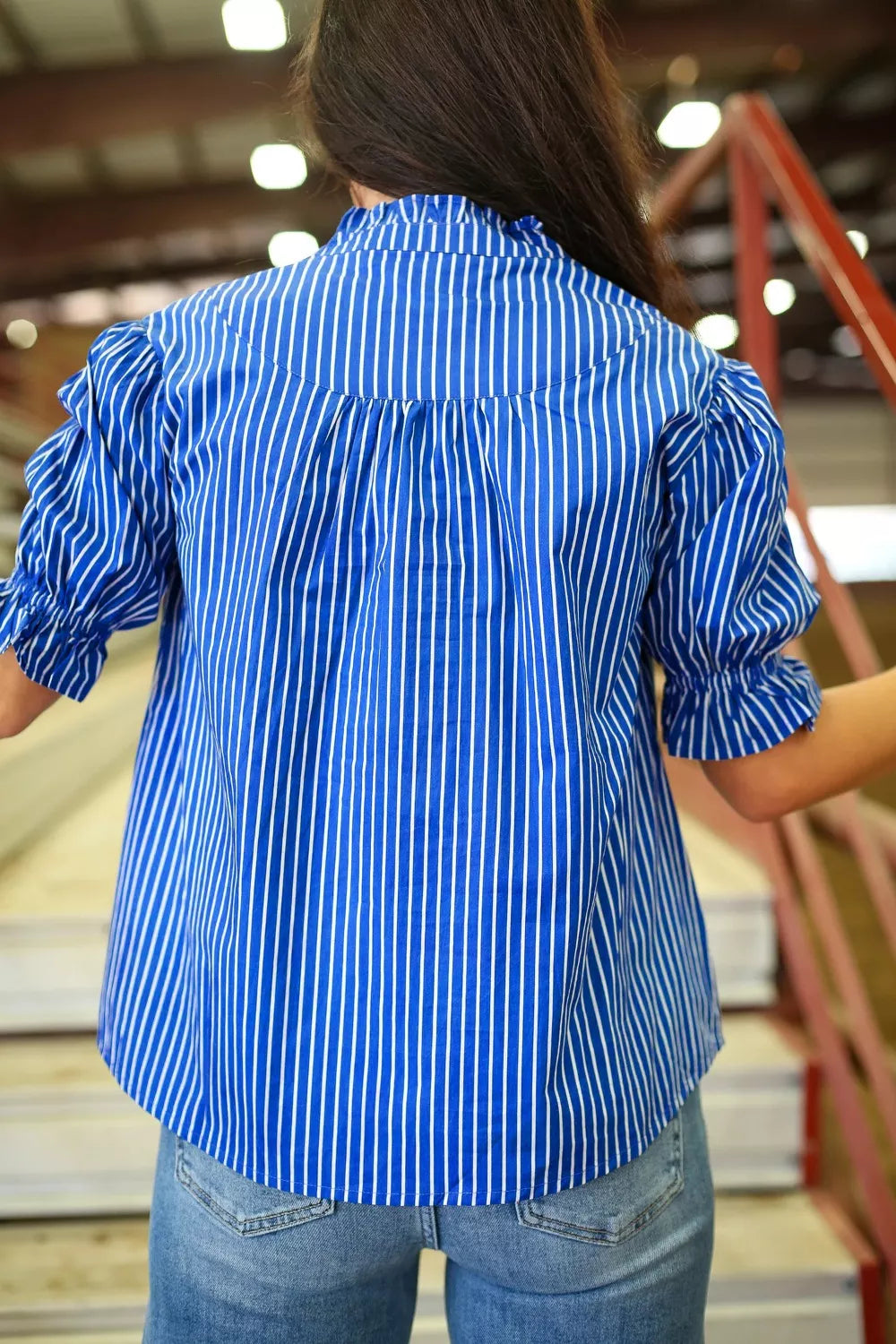 Stripe Ruffled Short Puff Sleeve Button Front Blouse Trendsi