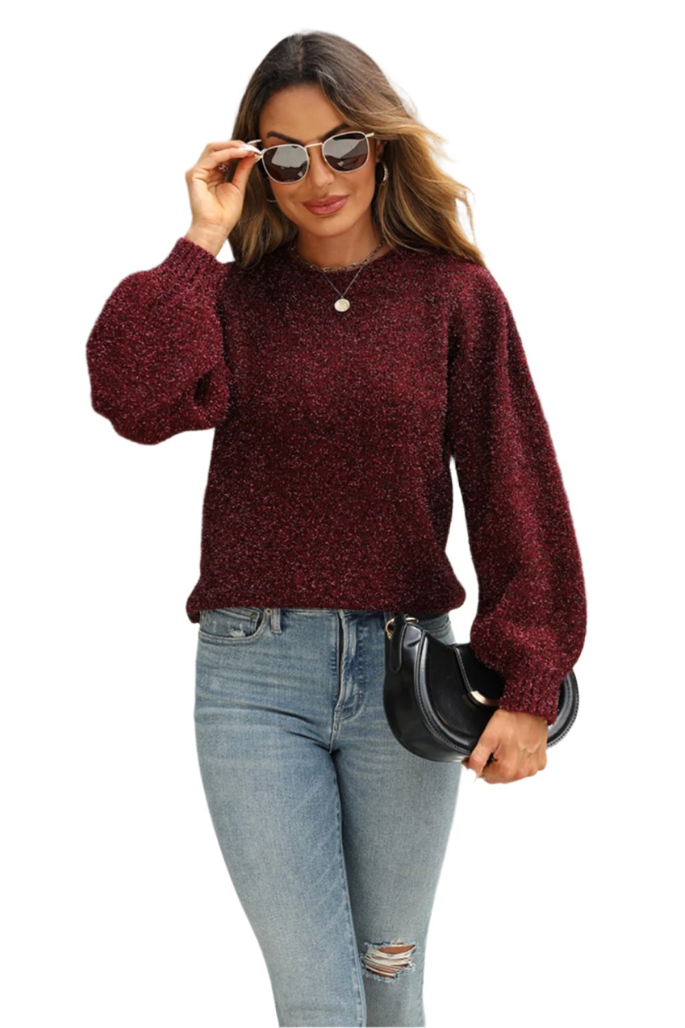 Tied Heathered Round Neck Long Sleeve Sweater TEEK Trend