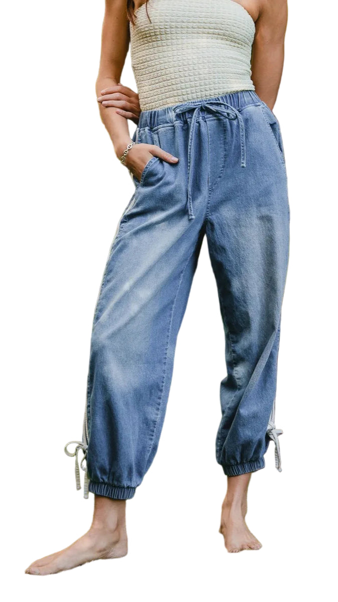 TEEK - Off White Striped Tape Bot Tied Point Elastic Waist Jeans JEANS TEEK Trend S