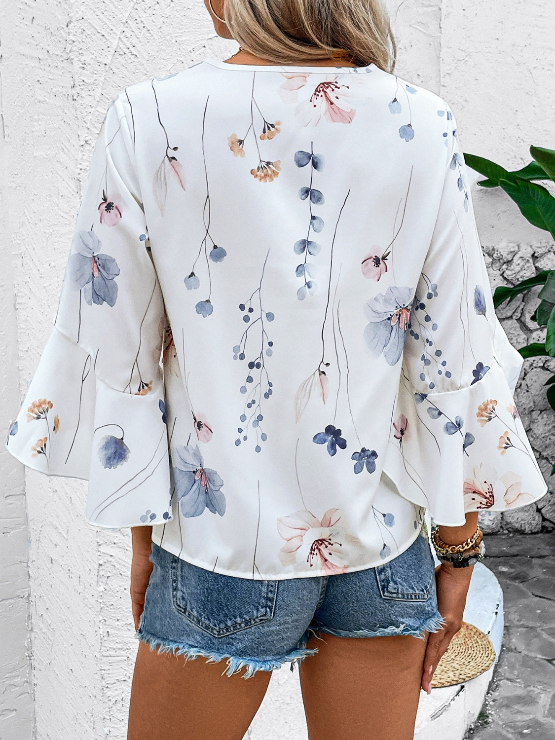 TEEK - Honey Ruffled Printed V-Neck Half Sleeve Blouse TOPS TEEK Trend   