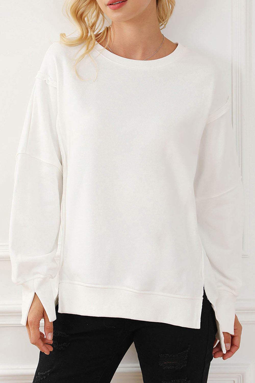 TEEK - Exposed Seam High-Low Long Sleeve Sweatshirt TOPS TEEK Trend