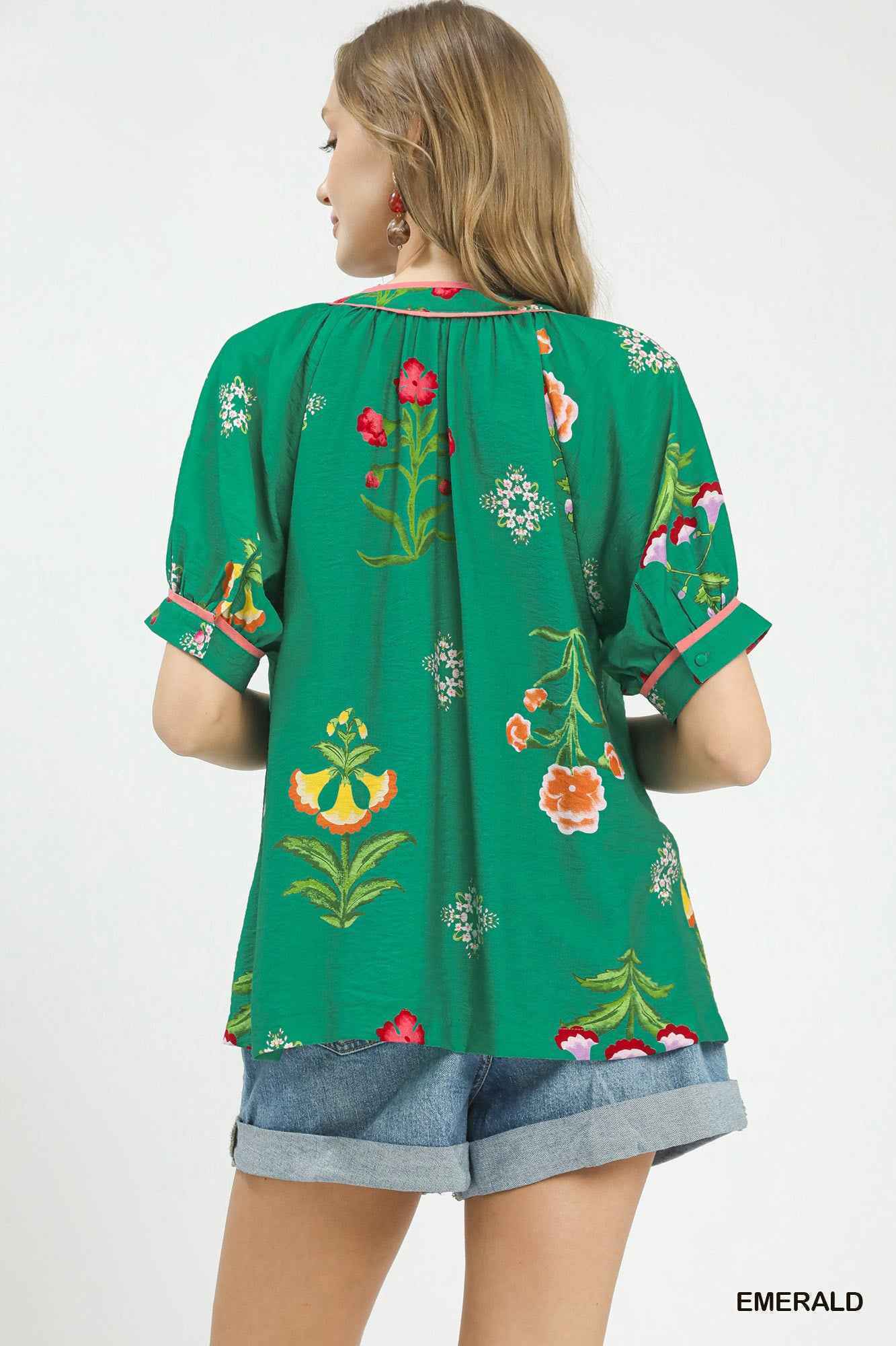 Umgee Botanical Print Contrast Trim Button Blouse Trendsi