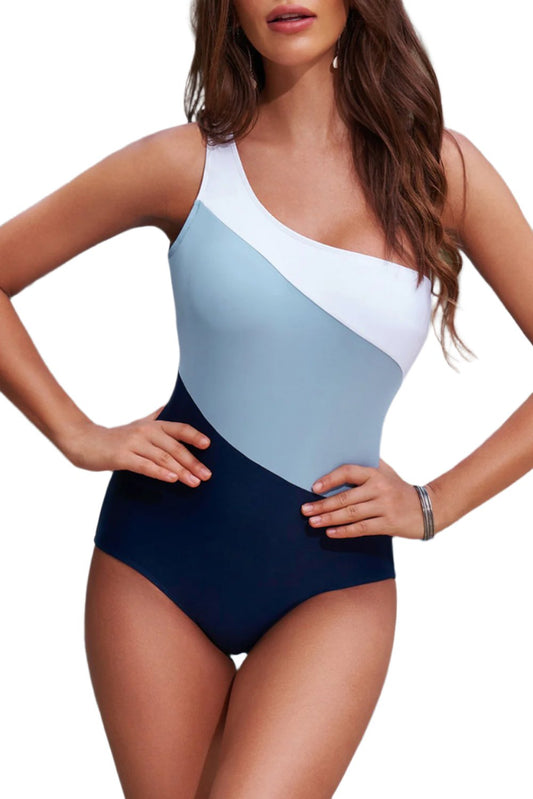 TEEK - Light Blue Cutout Color Block One Shoulder Swimwear SWIMWEAR TEEK Trend S  