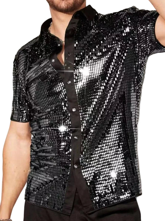 Men's Sequin Button Up Shirt Trendsi Black S