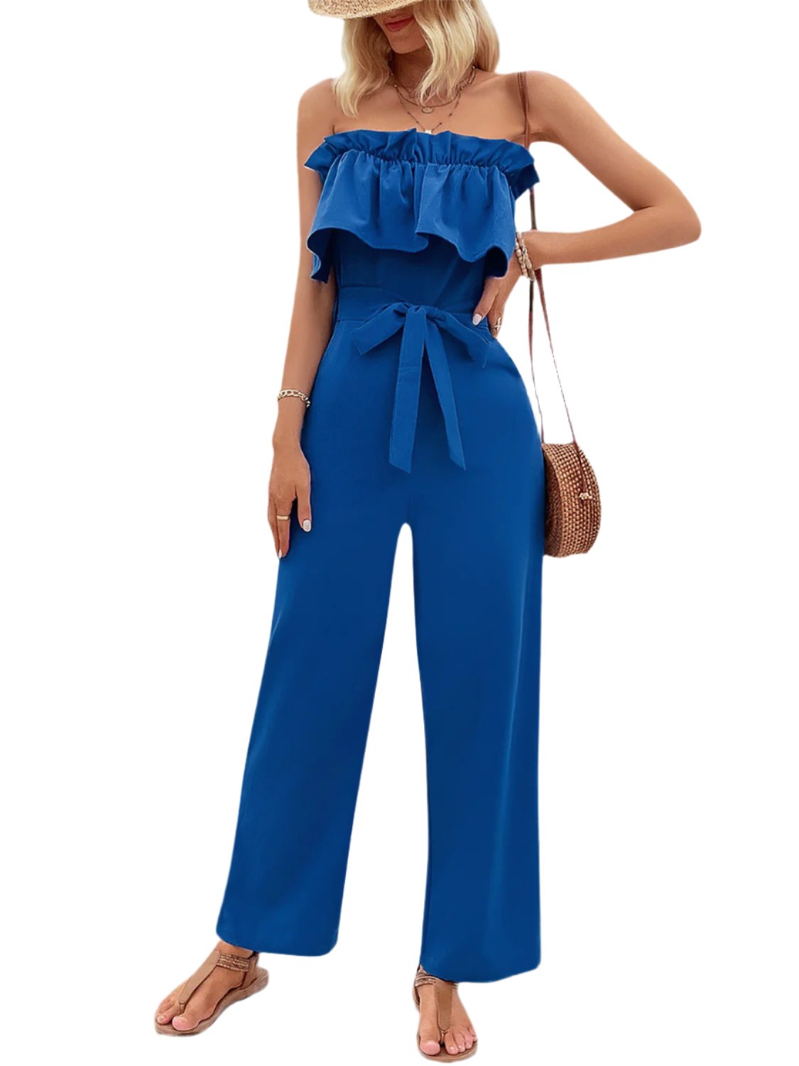 TEEK - Royal Blue Ruffled Tie Waist Tube Jumpsuit JUMPSUIT TEEK Trend S  