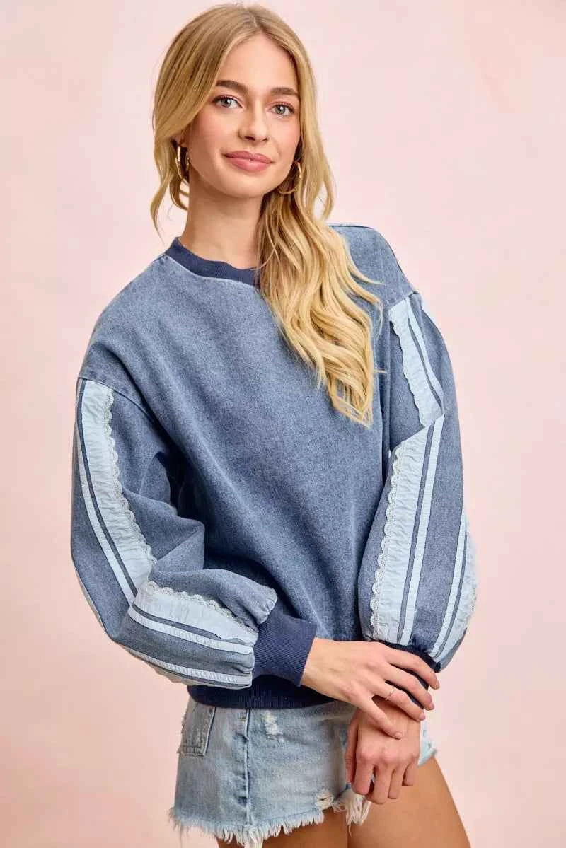 BiBi Washed Denim Lace Contrast Sided Sweatshirt Trendsi