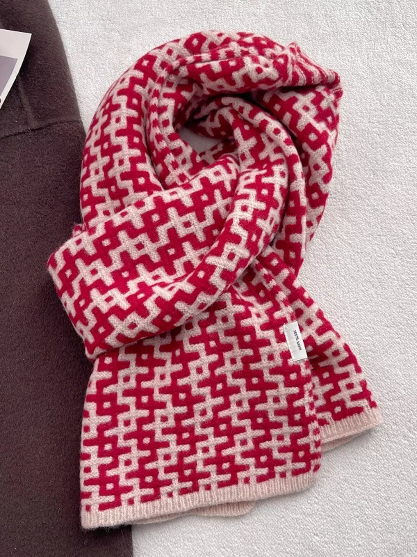 Wool Geometric Pattern Knitted Warm Scarf Trendsi Red ONESIZE