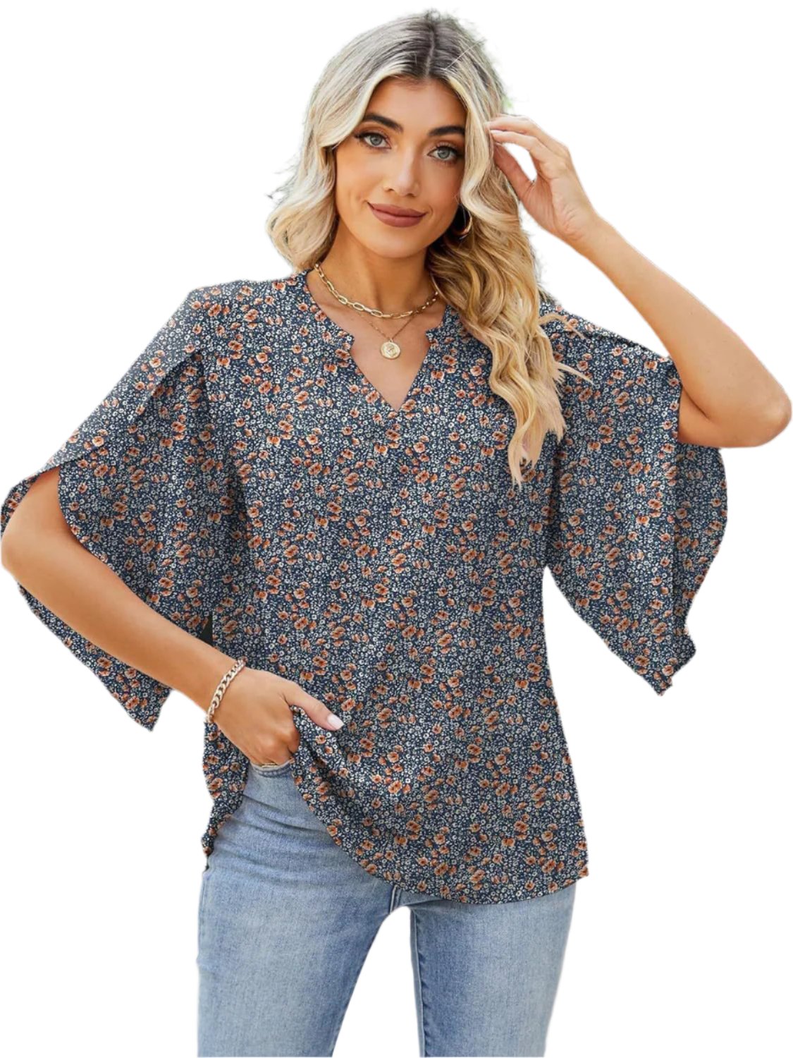 TEEK - Printed Notched Widened Half Sleeve Blouse TOPS TEEK Trend Navy S 