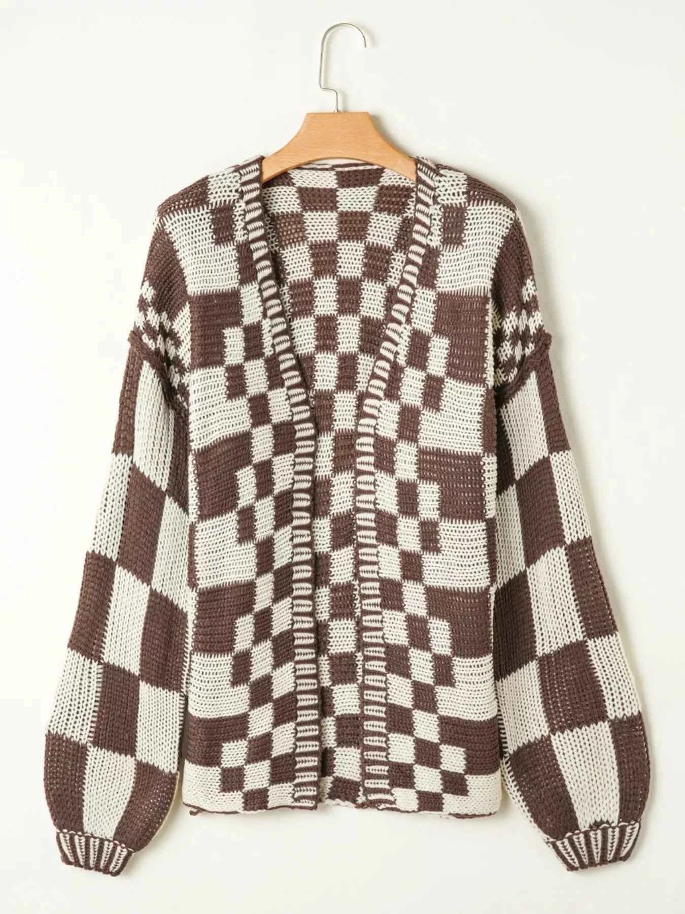 Checkerboard Pattern Sweater Cardigan Trendsi