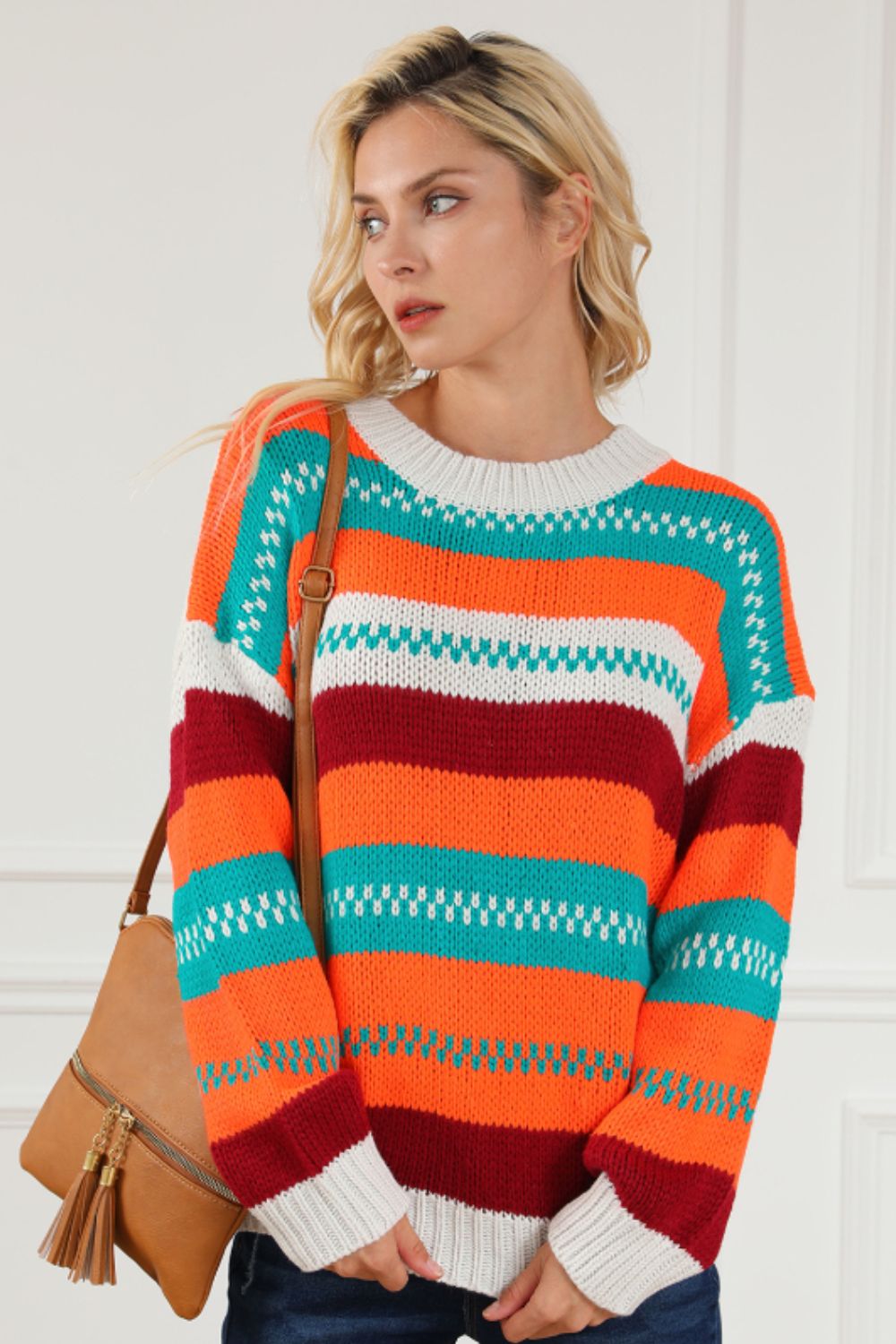 Contrast Striped Round Neck Long Sleeve Sweater TEEK Trend