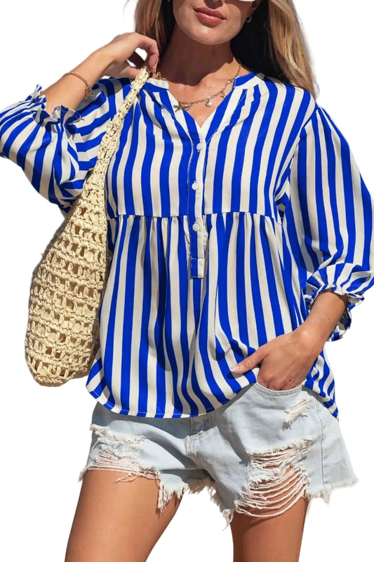 Stripe Balloon Sleeve Loose Button Up Shirt Trendsi