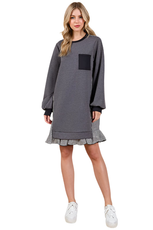 TEEK - Charcoal Striped Patchwork Terry Sweatshirt Dress DRESS TEEK Trend