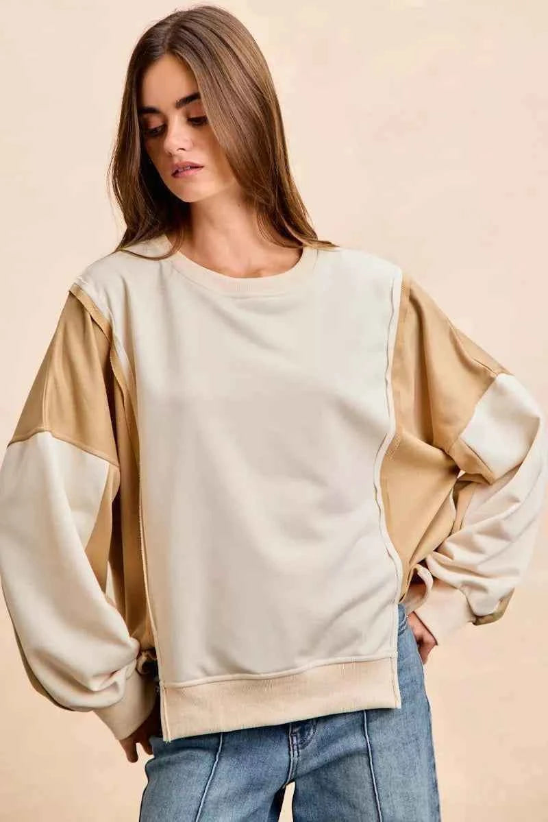 TEEK - French Terry Color Block Top With Open Seam Detail Trendsi