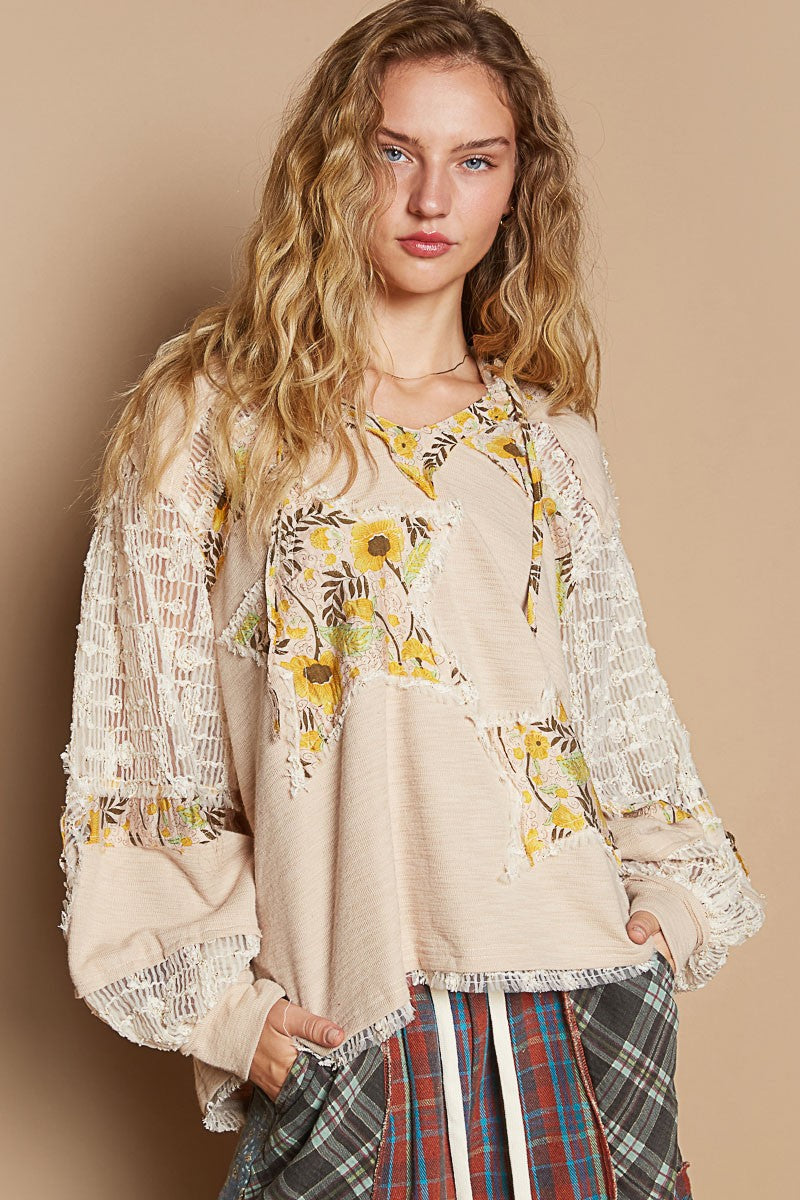 TEEK - Beige Multi Patch Lace Long Sleeve Hooded Top TOPS TEEK Trend