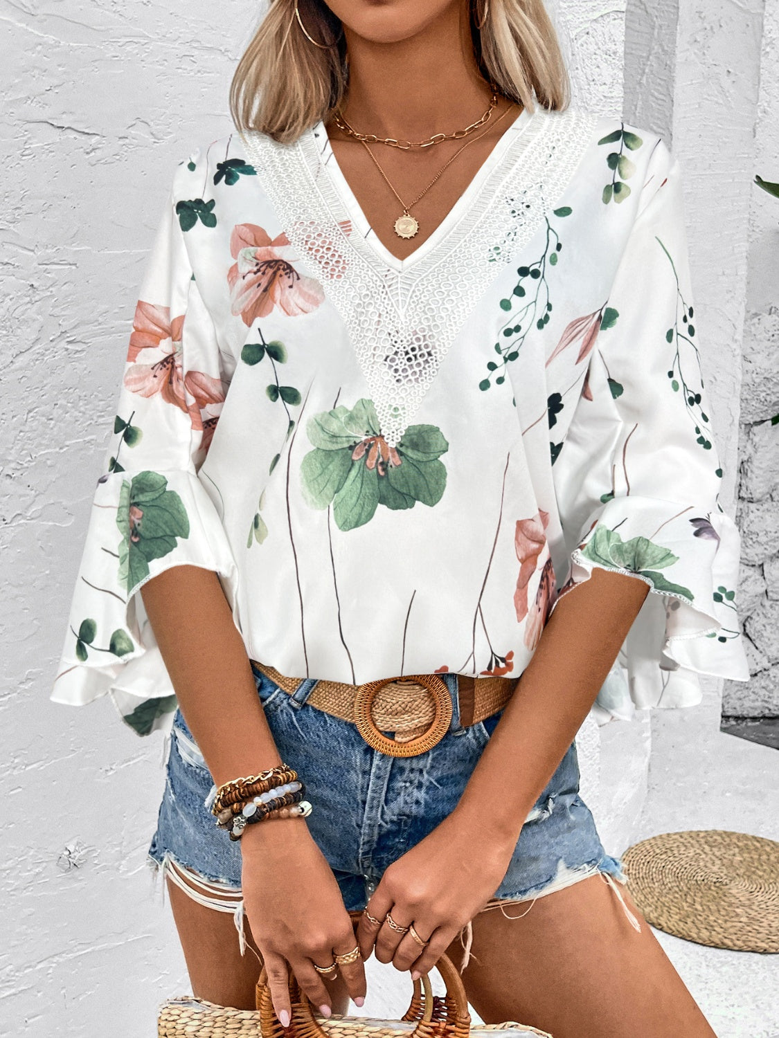 TEEK - Honey Ruffled Printed V-Neck Half Sleeve Blouse TOPS TEEK Trend   