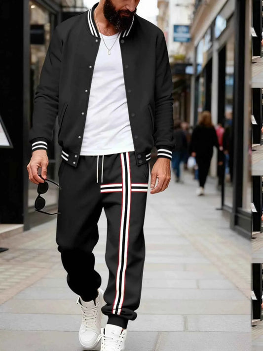 Men's Full Size Striped Long Sleeve Top and Pants Set Plus Size Trendsi