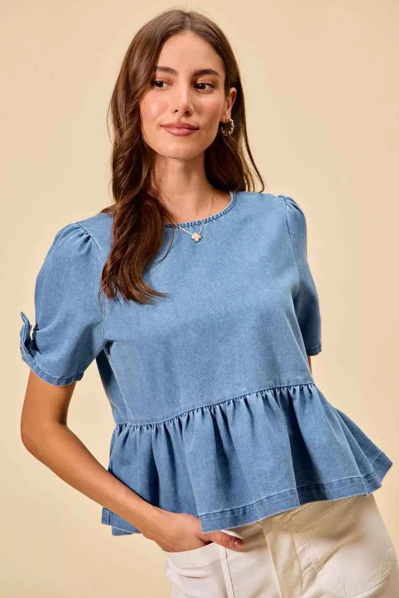 TEEK - Denim Bow Detail Short Sleeves Peplum Top TOPS TEEK Trend
