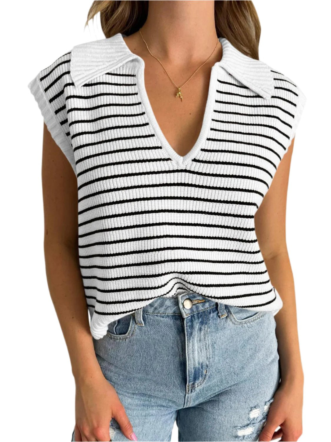 TEEK - Mandy Collared Neck Striped Sweater Vest TOPS TEEK Trend White S