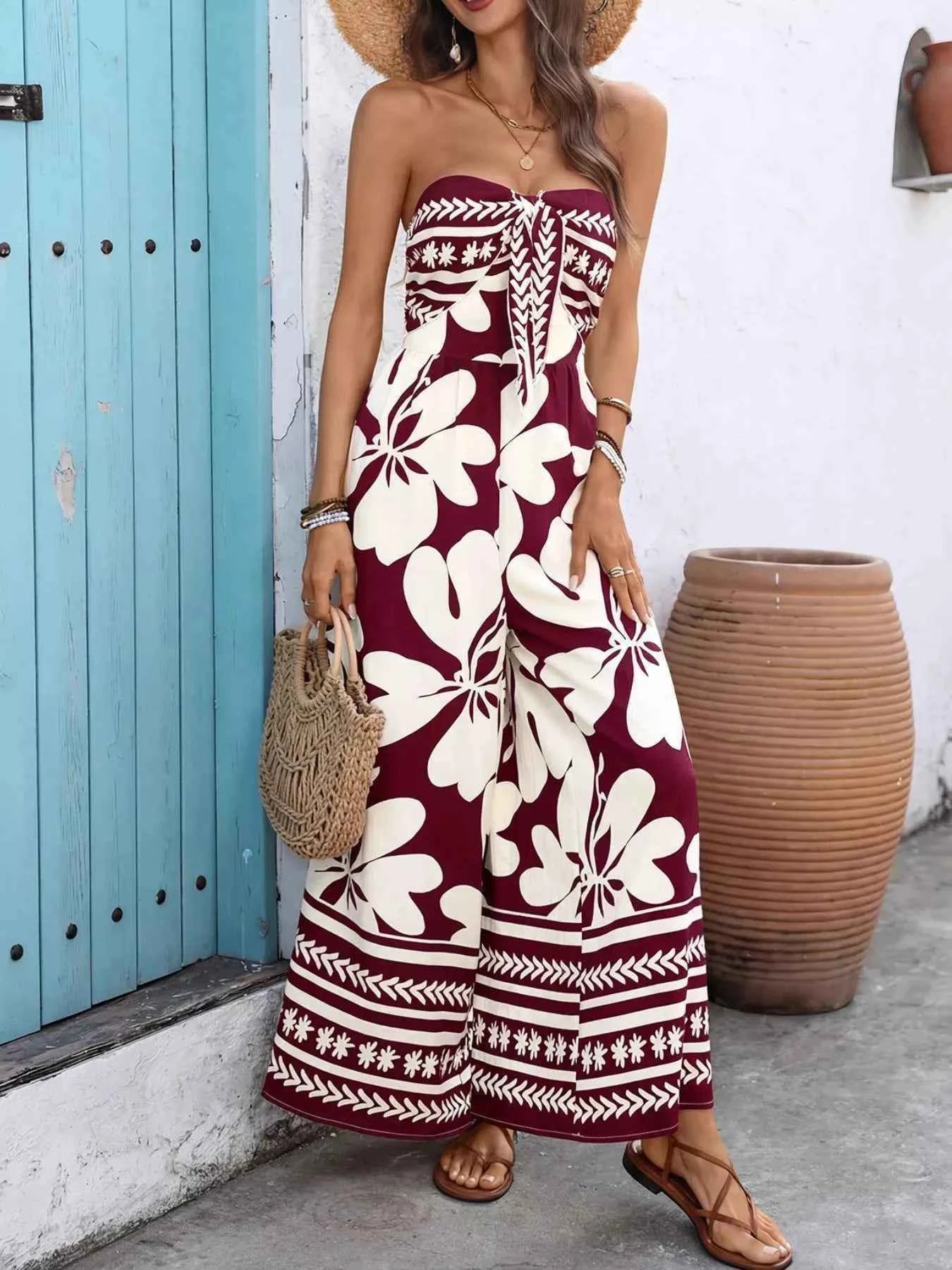 TEEK - Floral Print Tie Front Strapless Wide Leg Jumpsuit JUMPSUIT TEEK Trend