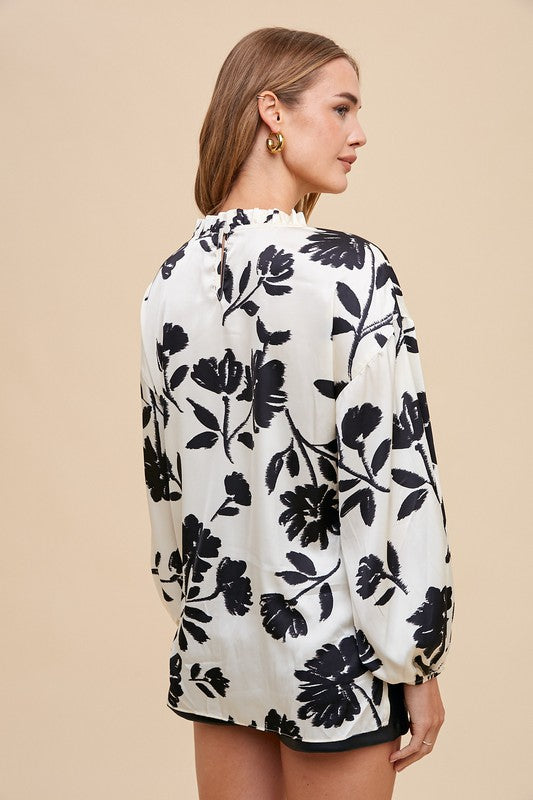 TEEK - White Frill Printed Balloon Sleeve Blouse TOPS TEEK Trend