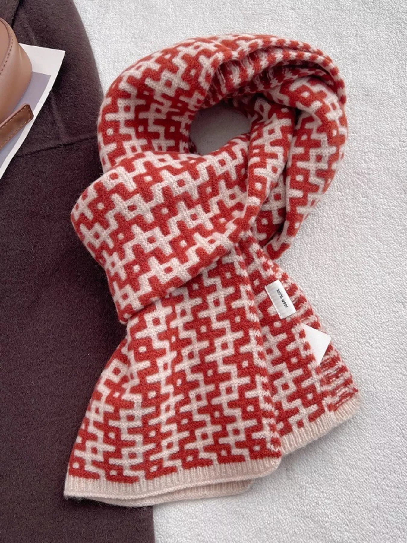Wool Geometric Pattern Knitted Warm Scarf Trendsi Orange Red ONESIZE