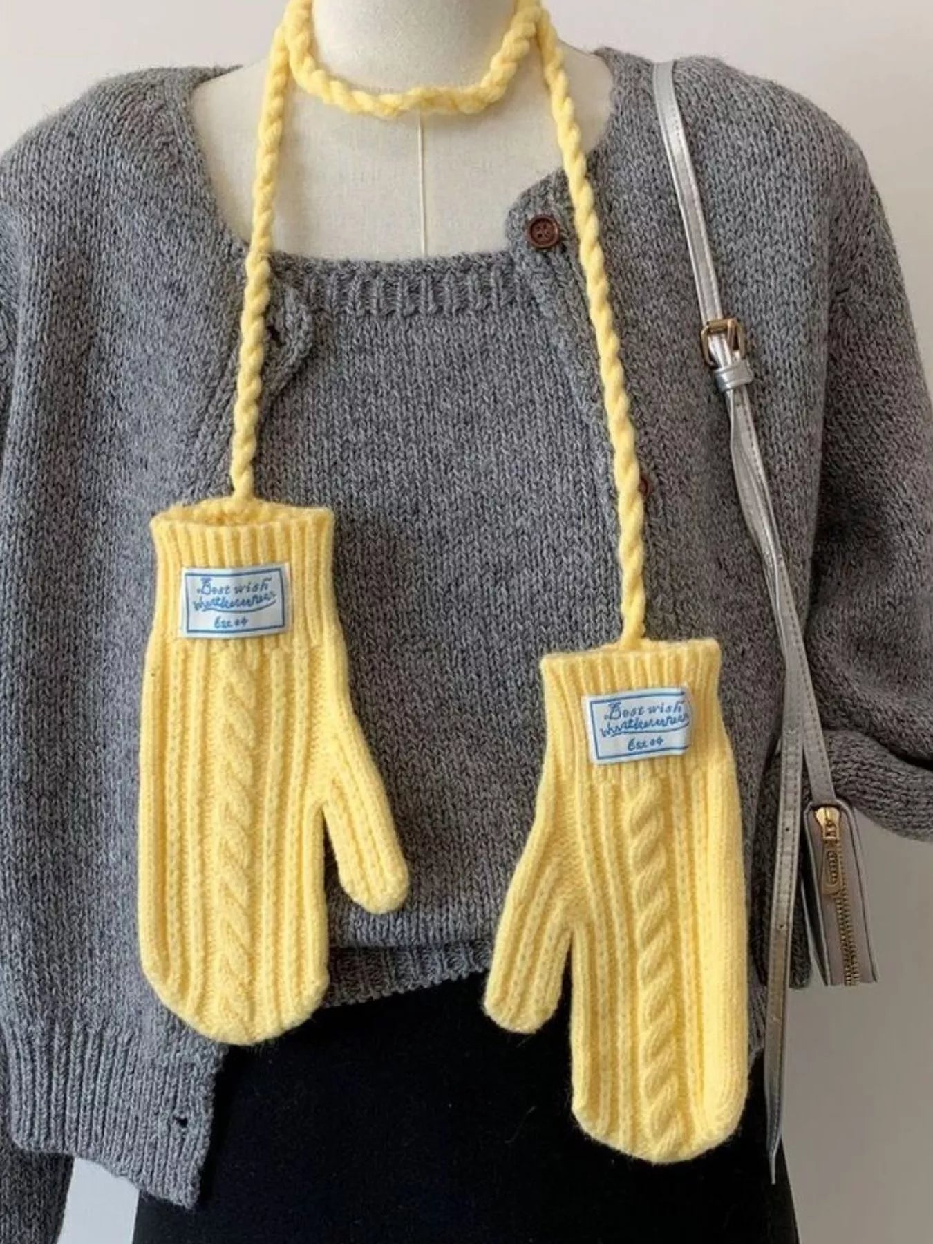 Cable Knitted Mittens with Neck Strap Trendsi Yellow One Size