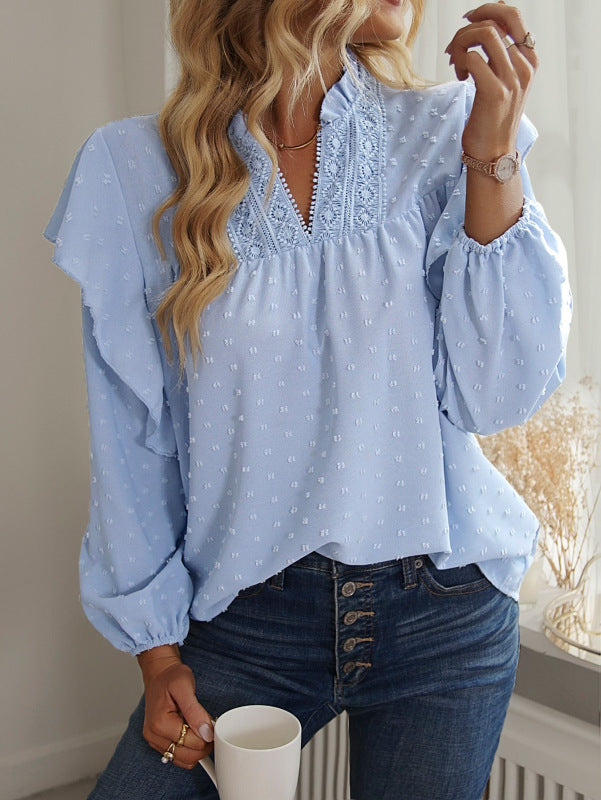 TEEK - Ruffled Lantern Sleeve Lace Top TOPS kakaclo Blue S