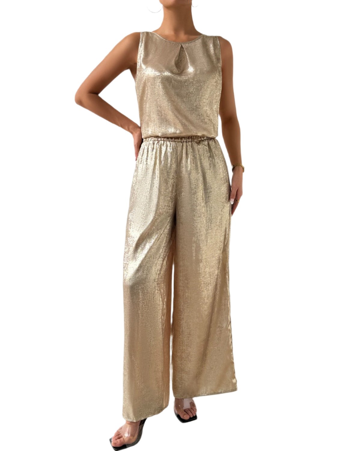 TEEK - Golden Round Neck Sleeveless Top Pants Set SET TEEK Trend S  