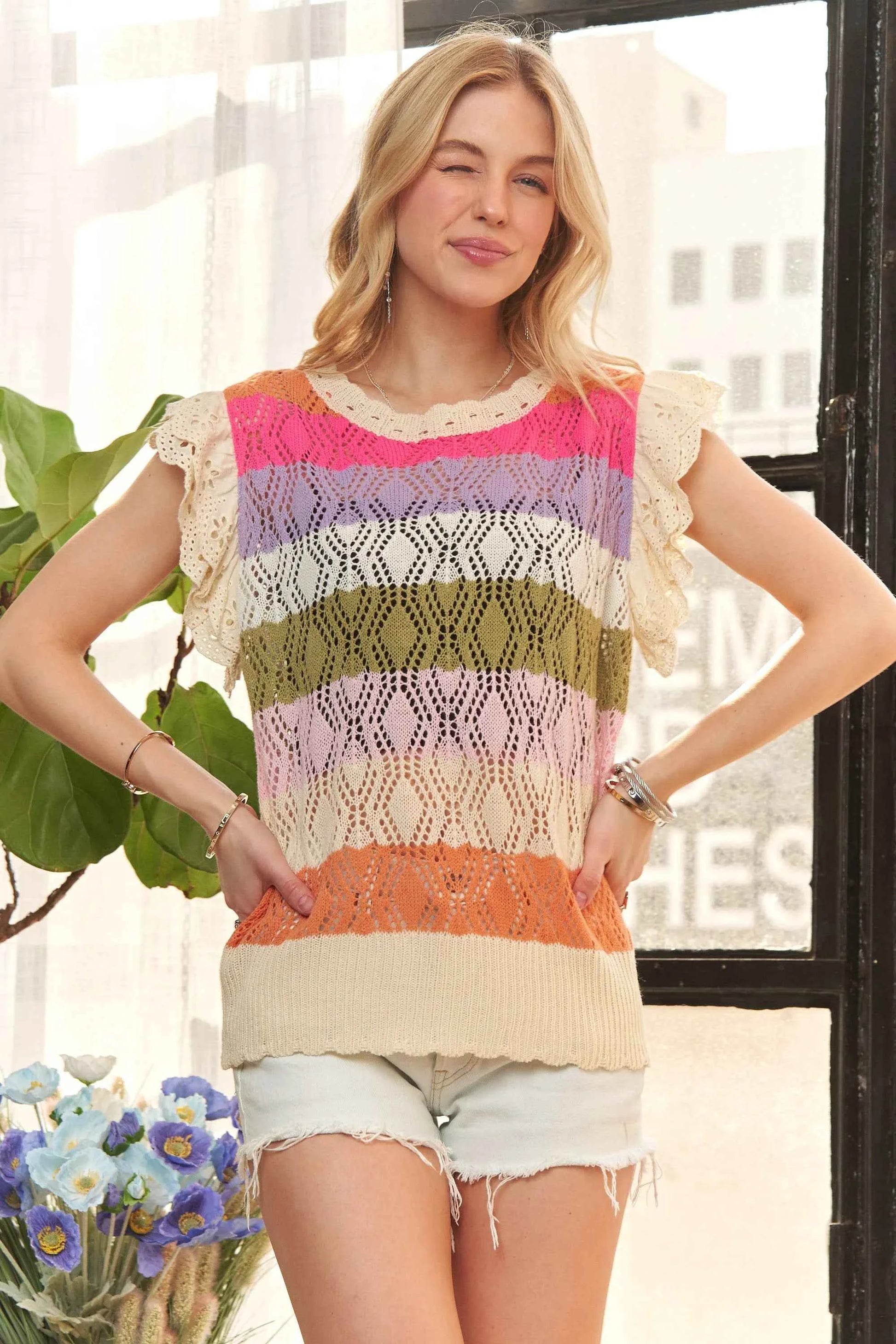 TEEK - Eyelet Sleeve Multi Color Crochet Top TOPS TEEK Trend