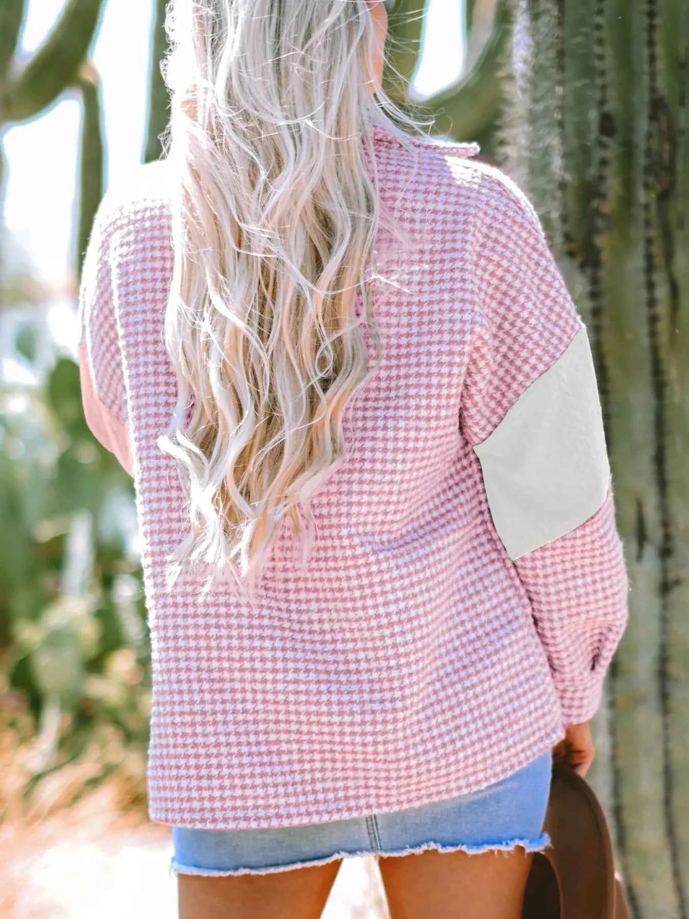 TEEK - Button Down Houndstooth Color Block Shacket TOPS TEEK Trend