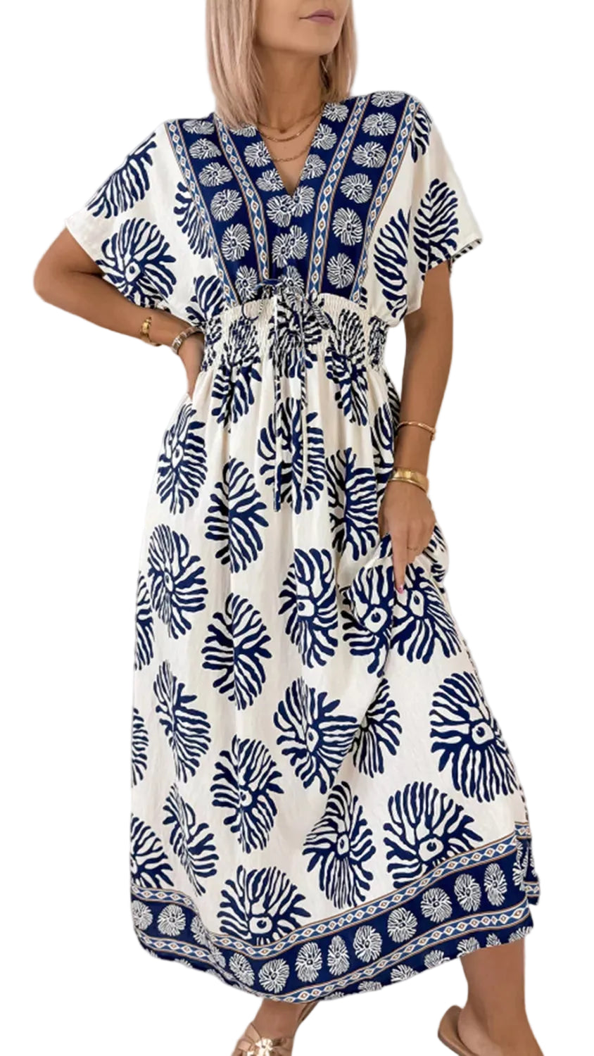 Floral Print Contrast Patchwork V Neck Dolman Dress Trendsi Dusty Blue S